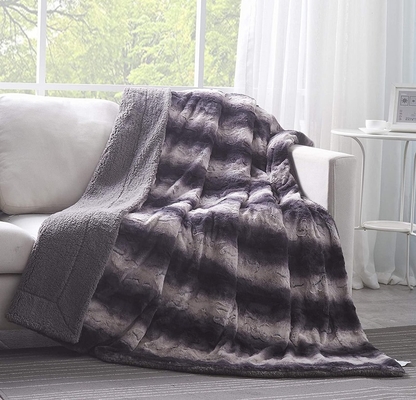 Textile Faux Fur Home Blanket, Striped Printed Blanket with Lamb Down on Back, Double Stitched Inside Covering and Pressed Out