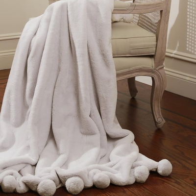 Disposable made in taupe lint free warmful rabbit warmful variety faux fur pom pom throw blanket
